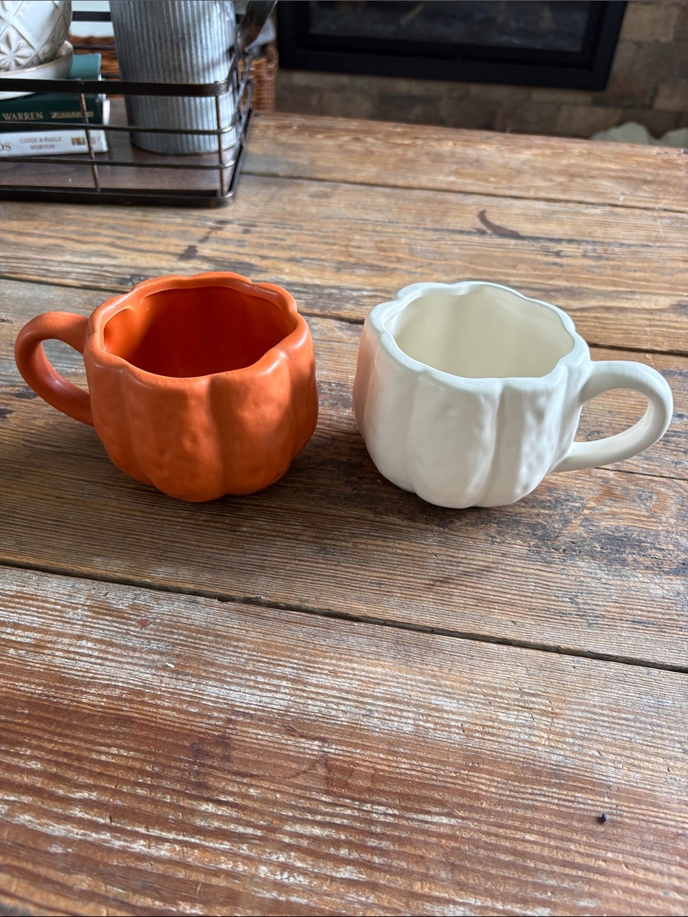 Set of Two Ceramic Pumpkin Mugs Orange and Cream